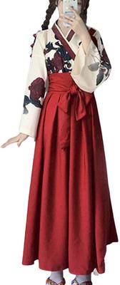 Taisho Roman Hakama Japon Elbisesi Kimono Cosplay Kostümü Uzun Kılık Yukata Gül Gül Desenli [Lady Lazy] Kadın Kadın (Kırmızı, S)
