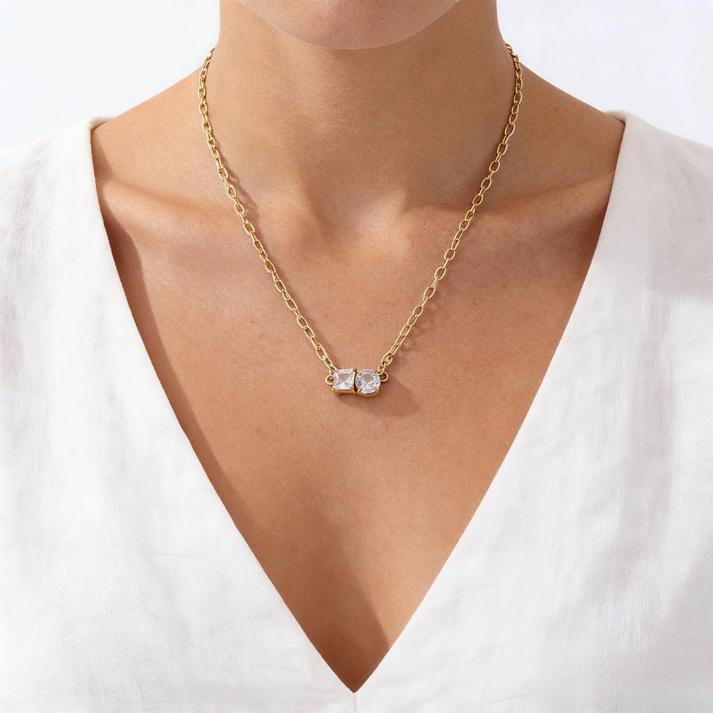 Korean And American Collarbone Chain Double Diamond Necklace Female Popular Personality Temperament Light Luxury Fashion Elegance Stainless Steel