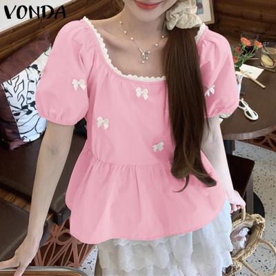 Damen quadratischer Kragen Kurzarm Rüschen Schleifen Lässige T-Shirts