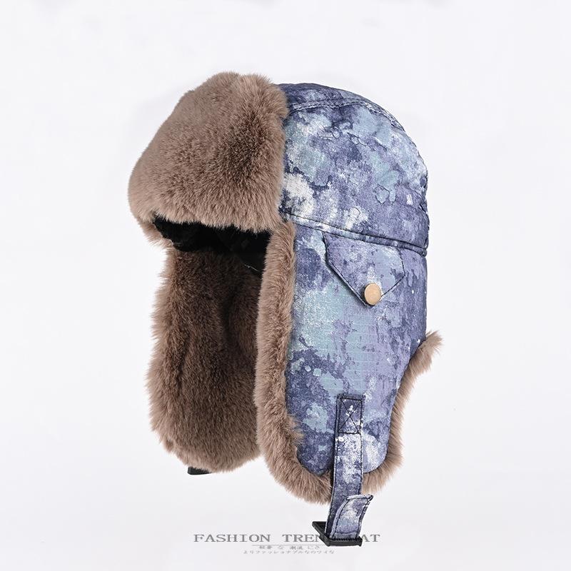 Camouflage Cap Men's and Women's Winter Velvet Thickened Thermal Ear Protection Cotton Hat Outdoor Cycling Pilot Locomotive Hat