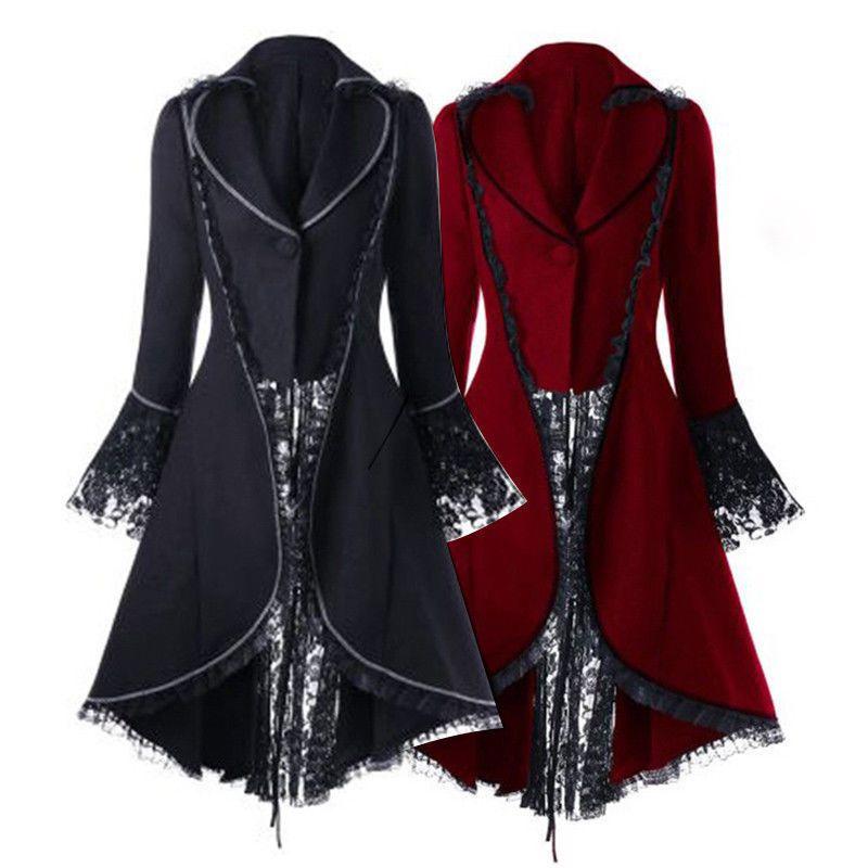 Women's Victorian Style Long Sleeve Coat Dress With Turn-down Collar And Button Opening Front