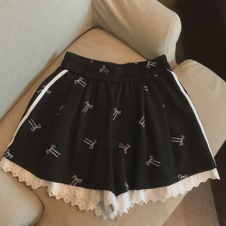 Women's Elastic Waist Lace Bowknot Print Summer Casual Wide Leg Shorts