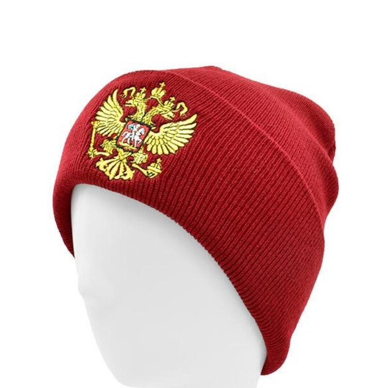 

Вязаная шапка для женщин и мужчин с вышивкой и гербом России