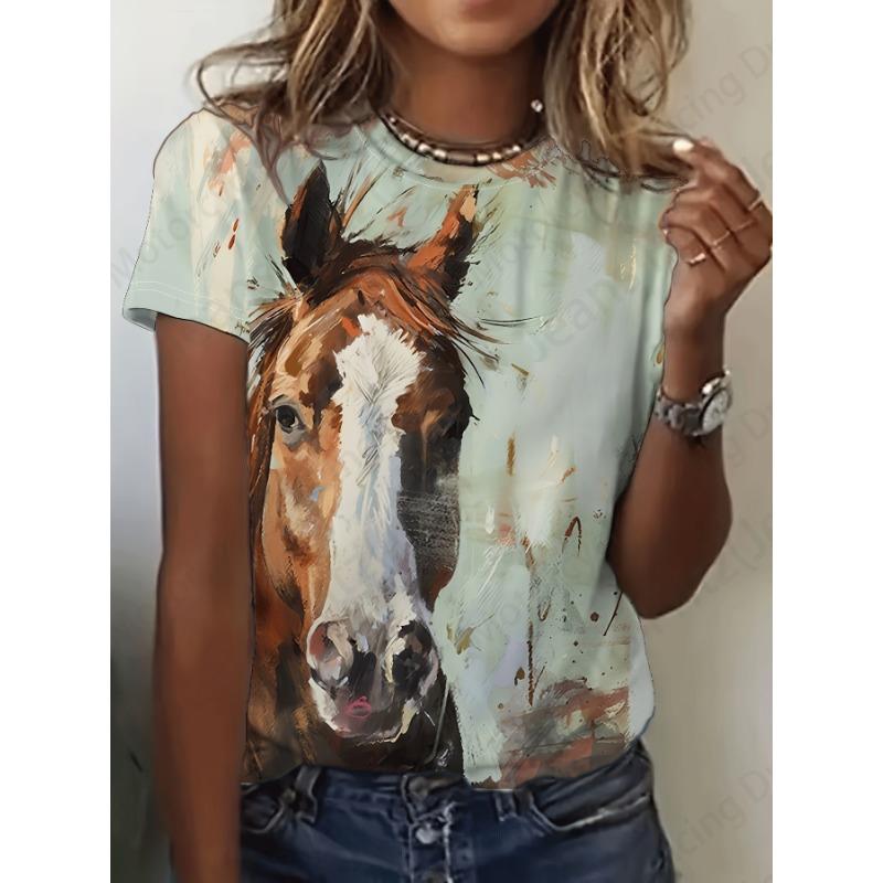 Letní Vintage Dámské tričko Horse 3D tisk Tričko Dámské Módní Tričko Crew Neck Tričko s krátkým rukávem Dětské topy Trička Animal