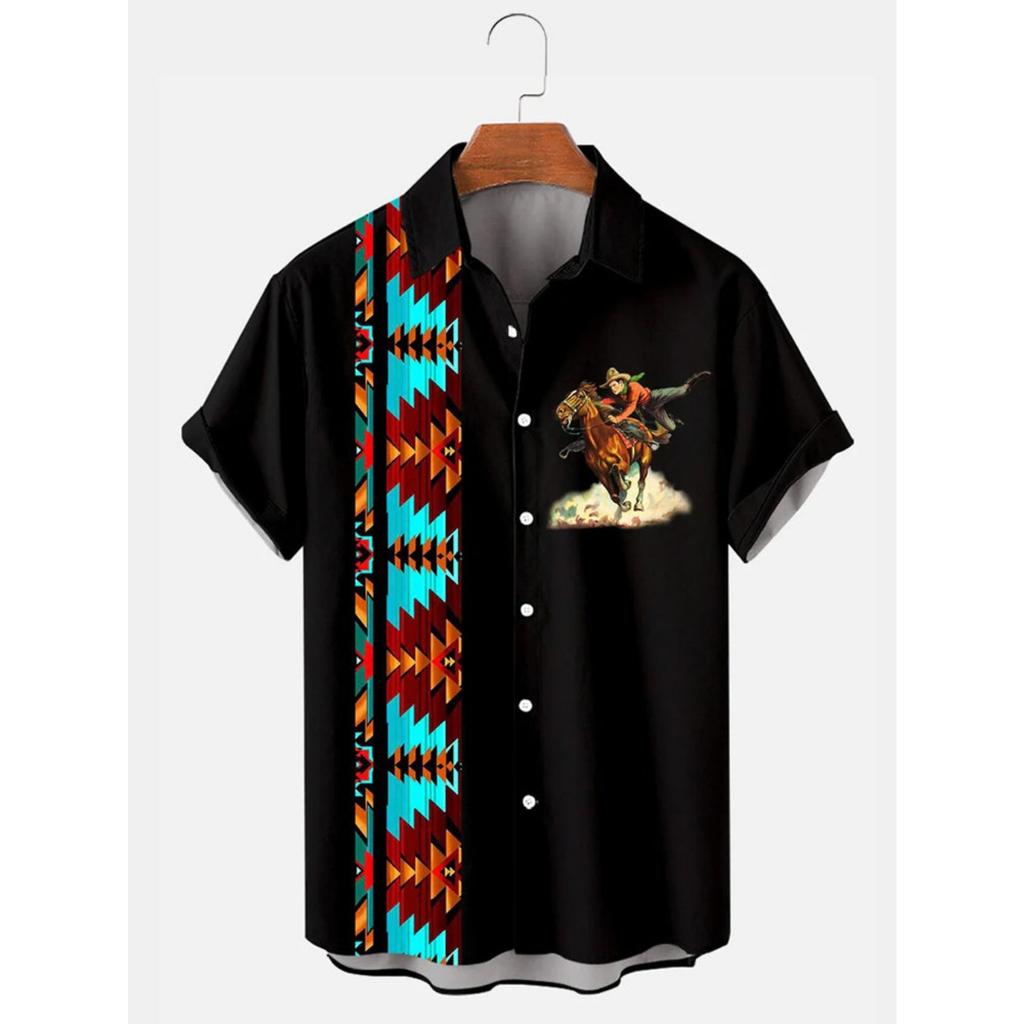 Hawaiian Cowboy Women Men Shirts Cool 3D Digital Printing Western American Fashion Tops Retro Style Summer Short Sleeve