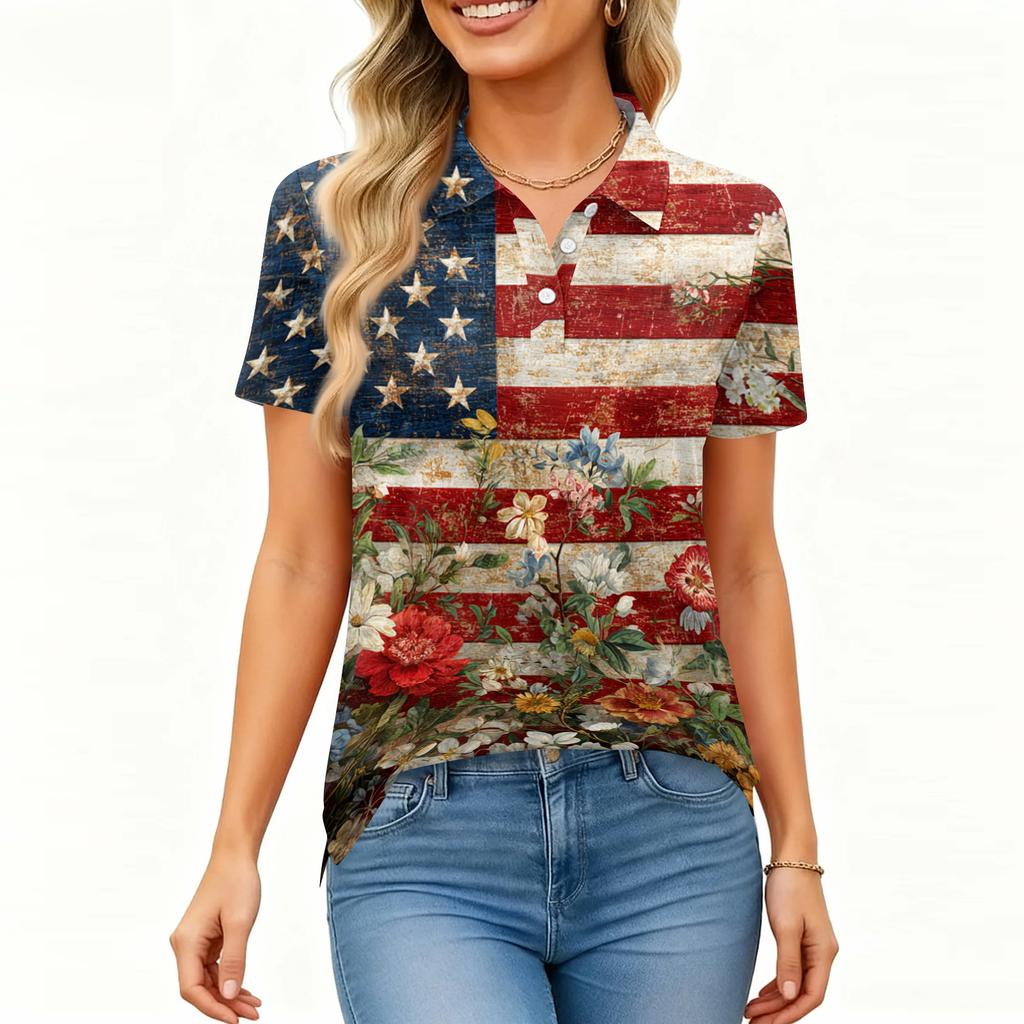 Women's Fashion Casual Lapel Short Sleeve Printed Shirt Women's Button Up Tops