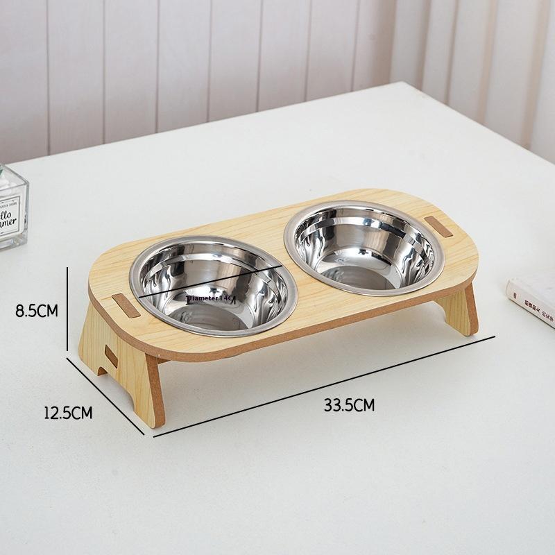 Cat And Dog Feeding Bowls Anti-Tip Bowls Stainless Steel Pet Bowls With Wooden Supports Neck Protection Design 2 In 1 Water Bowl