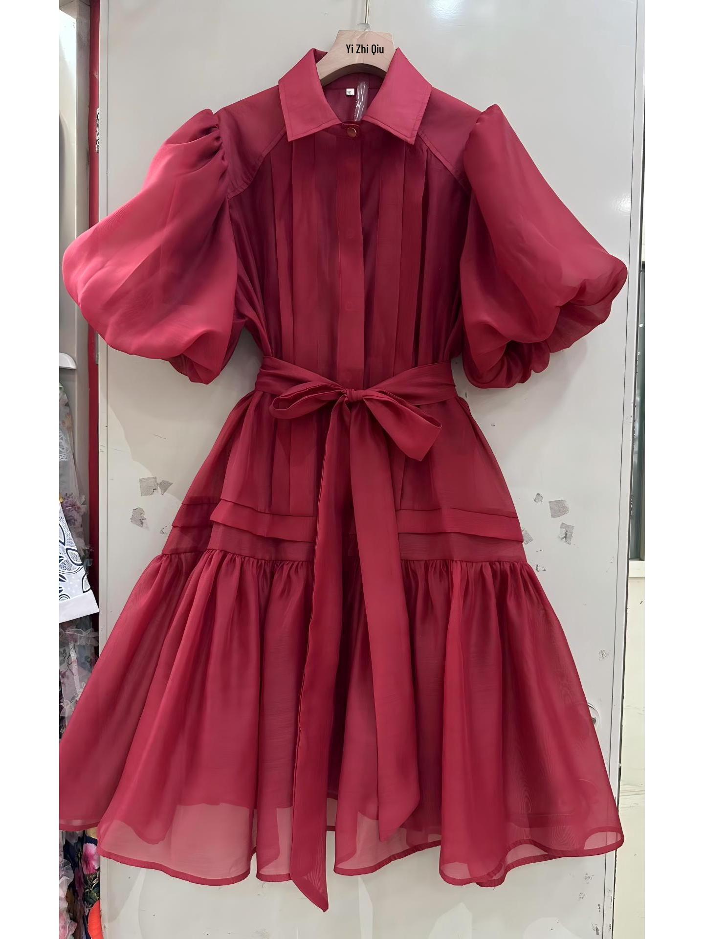 

Spring/Summer Loose Solid Color Puff Sleeve Shirt Dress with Belted Lace-Up Design XL