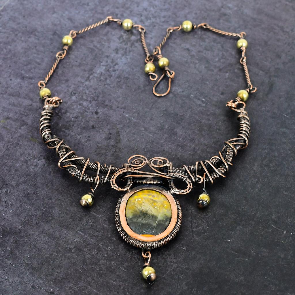 Natural Bumble Bee Jasper Gemstone Copper Wire Wrap Jewelry Necklace 18" V0O72