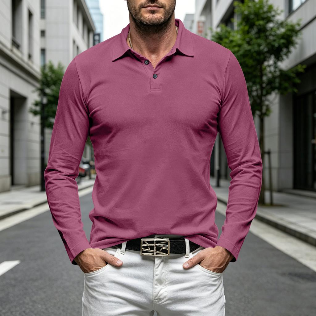 Men's Casual Loose Fit Long Sleeve Polo Shirt Button Collar Soft Fabric Comfortable Everyday Wear