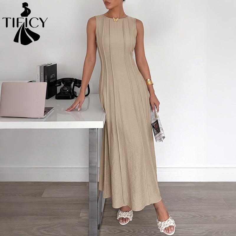 Women's Fashion Summer Spring Solid Color Print Sleeveless O-Neck High Waist Casual Dresses