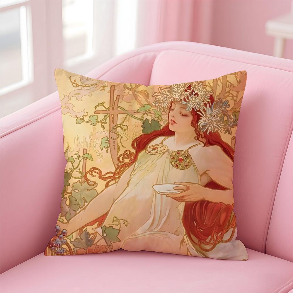 artistic AAlphonse Maria Mucha Cushion Cover Pillow Case Soft Skin Friendly Fabric Comfort Concealed Zipper