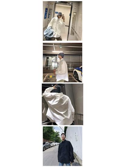 Hong Kong Style Men's Loose Solid Color Long Sleeve Casual Shirt, Plus Size, White, Spring/Autumn