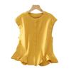 Women Yellow Linen Blend Sleeveless Blouse With Ruffle Hem And Button Down Casual Summer Top