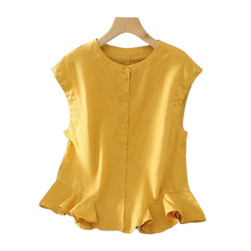 Women Yellow Linen Blend Sleeveless Blouse With Ruffle Hem And Button Down Casual Summer Top