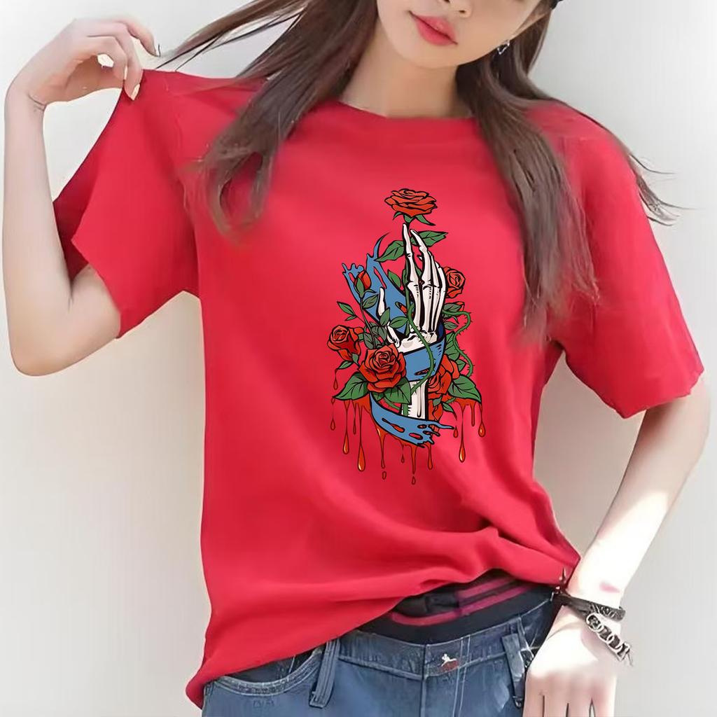 Fashion Skeleton Rose Printed Street Tshirt Short Sleeve Round Neck Casual Versatile Womens Tshirt