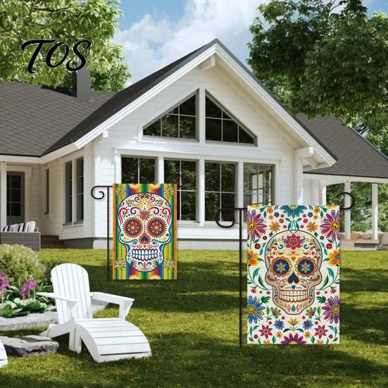 Weather Resistant Patio Banners Day of The Dead Garden Flag, 12x18 Inch Floral Skull Decorative Yard Sugar Ornaments Mexican Gothic Skeleton