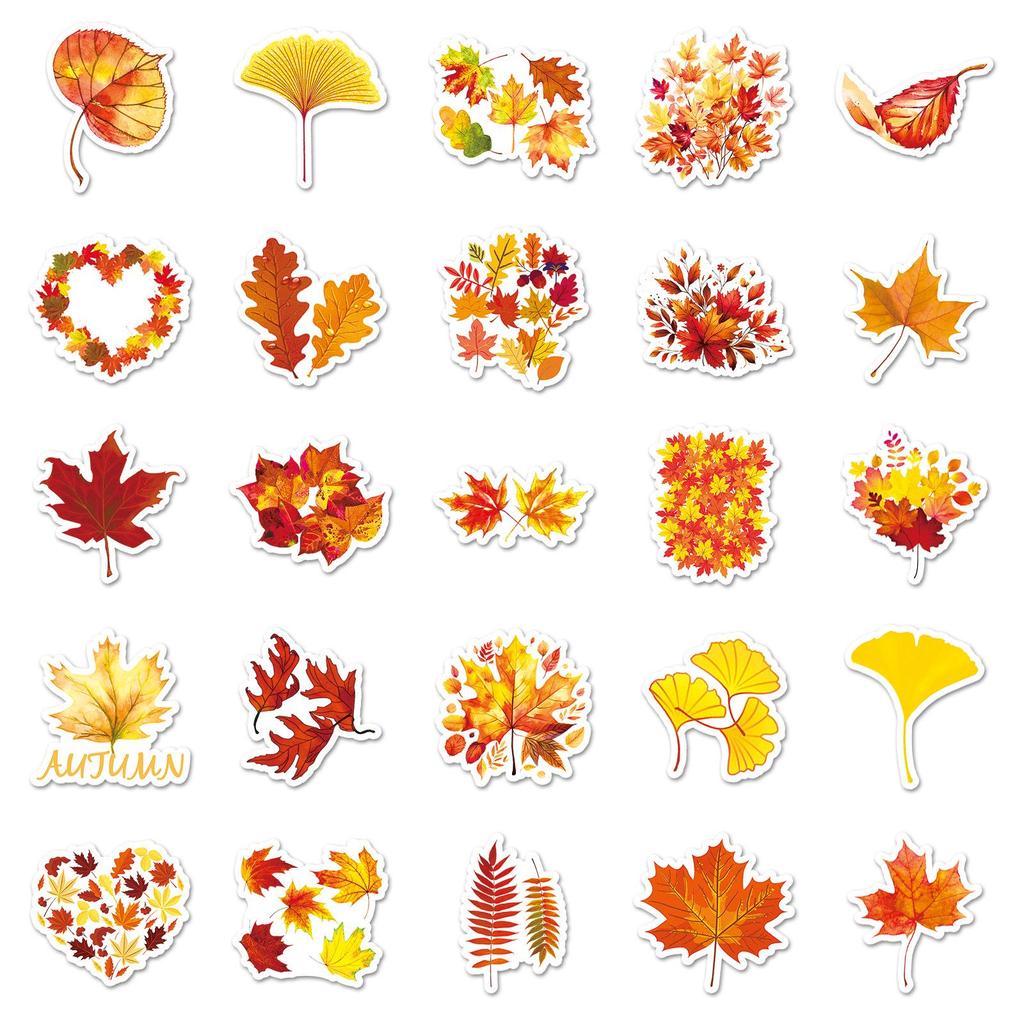 50 Sheets of Autumn Leaf Cartoon Stickers - Waterproof and Decorative for Computers, Phones, Planners
