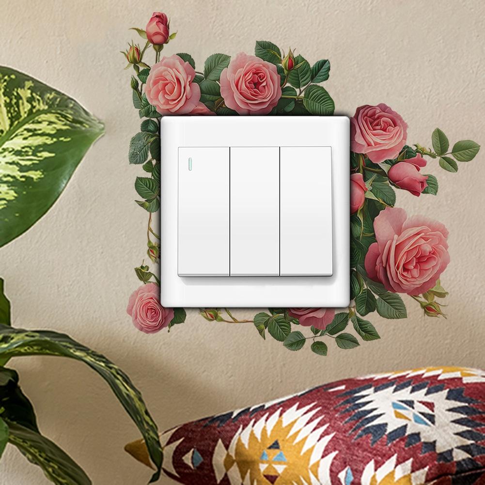 PVC-Based Pink Rose Wall Sticker for Light Switch and Outlet Plate Decoration Indoor Use On Smooth Flat Surfaces