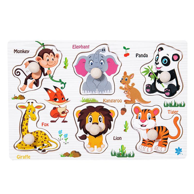 Montessori Wooden Peg Puzzle Board: Animal, Fruit & Vehicle Shape Recognition for Kids