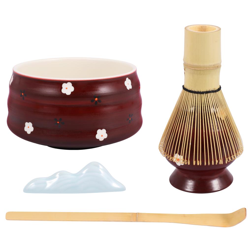 Japanese-style Matcha Making Tool Kit with Ceramic Bowl Whisk/Scoop Holder Bamboo Whisk and Scoop Teaset Giftbox for Tea Lovers