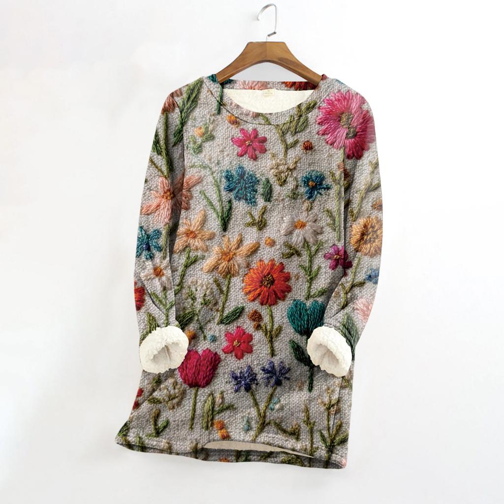 Dame Rundhals Topp Trykk Fortykket Plysj Kasjmir Varm Lang Topp