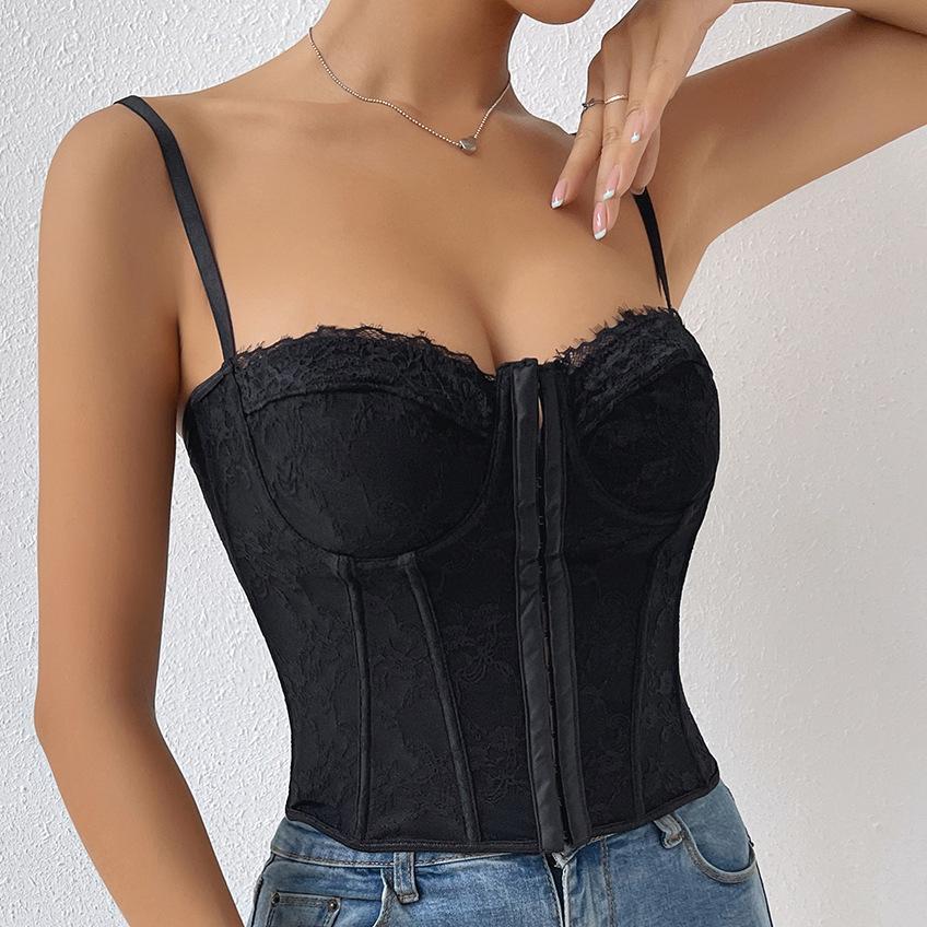 Kvinners Sexy Ensfarget Blonder Camisole Fiskebein Stålring Omsluttet Bryst Rad Spenne Ryggløs Liten Tanktopp