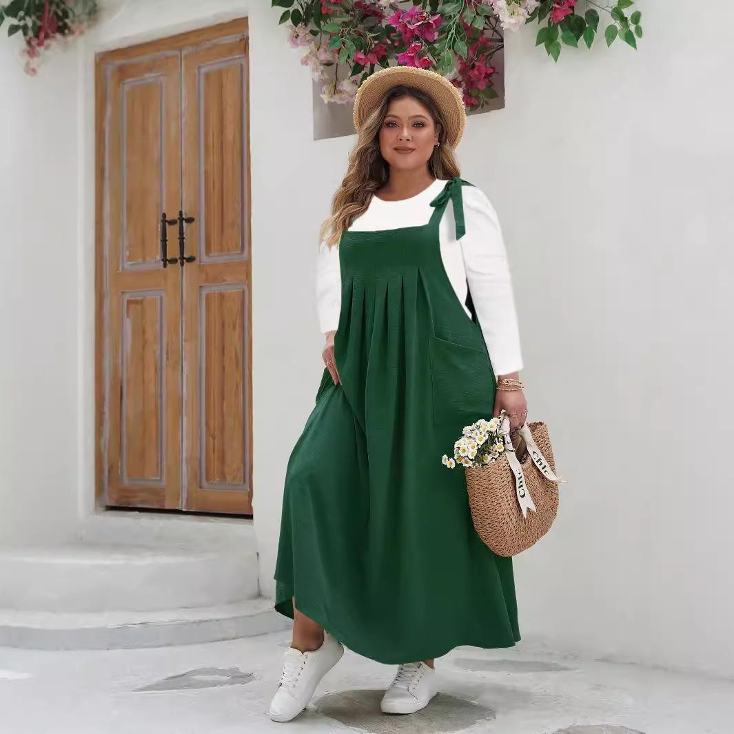 

Плюс размер однотонный завязывающийся на плече комбинезон платье для женщин летние повседневные свободные без рукавов макси длинные платья с карманами XXL темно-зеленого