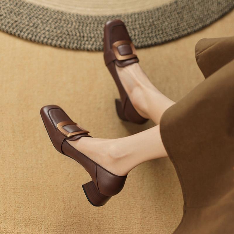 Fashion 2025 Spring Women Loafers Square Toe Chunky Heel Women Shoes Genuine Leather Shoes for Women Retro Square Button Women's Pumps