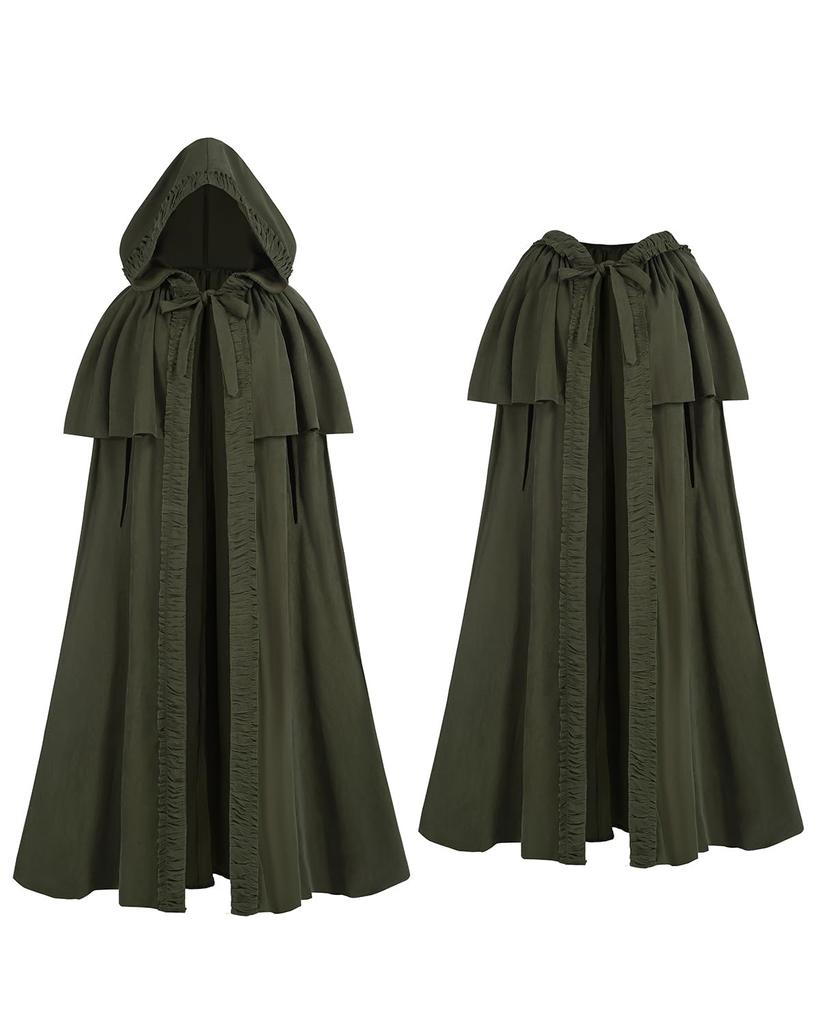 Long Hooded Medieval Vintage Cape for Halloween Witch Cape Size [Kami-Yu-Hyaku] Cosplay, (Green, S)