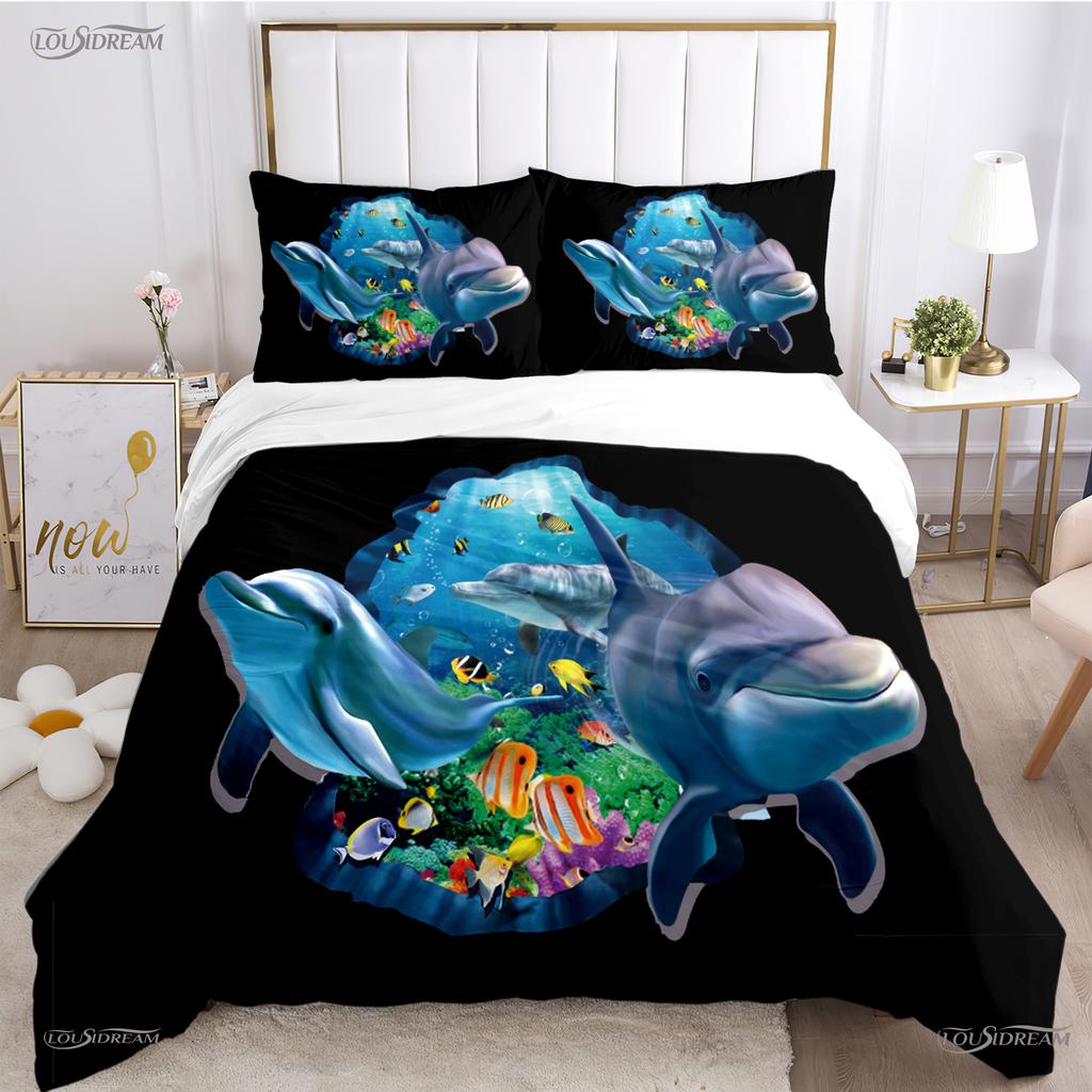 Comforter 3D Ocean World Dolphin Whale Fish Comforter Beding Set Soft And For Single/Double/Queen/King