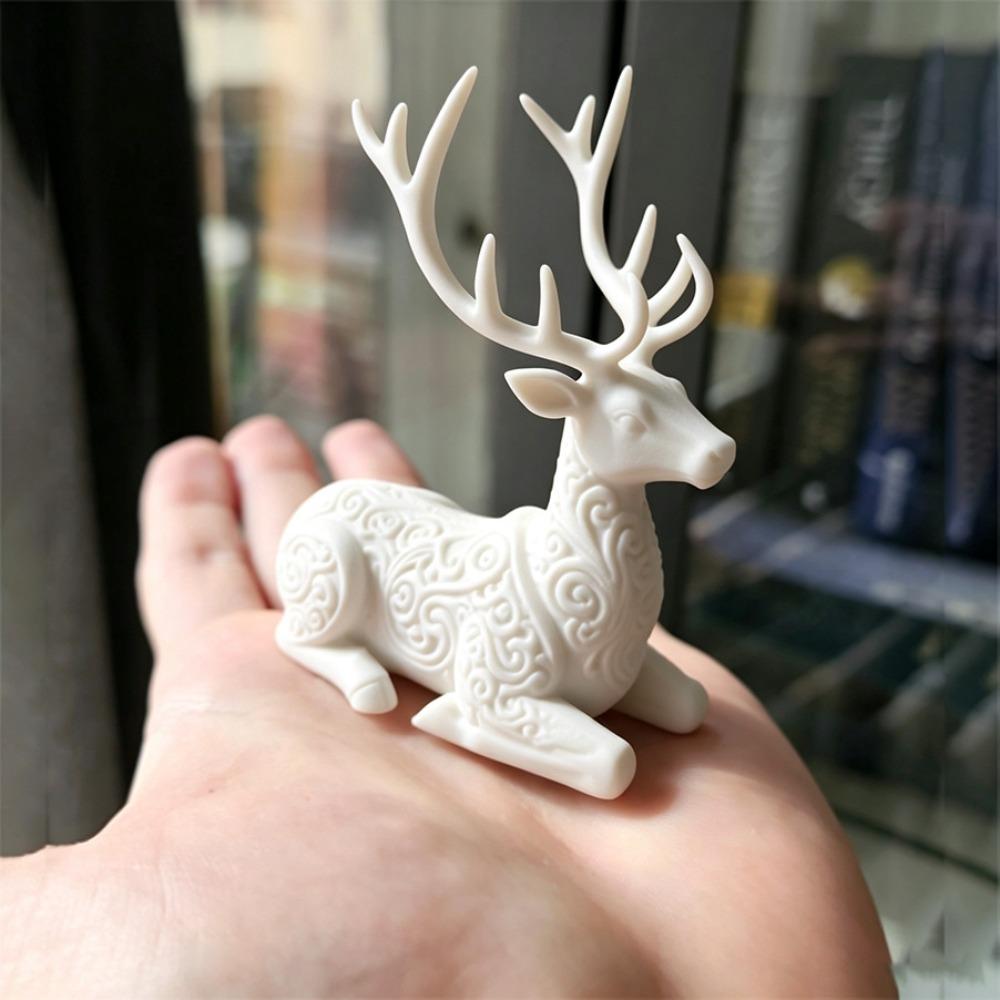 3D Printed Xmas Reindeer Sculpture Lying-Posture Elk Deer Statue Animal Figurine Office Desk