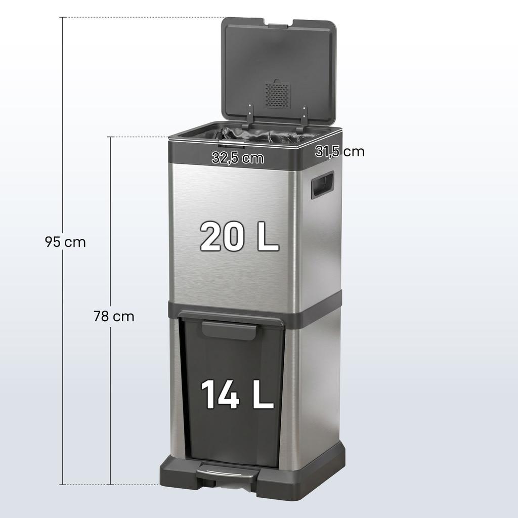 34L Double Compartment Kitchen Bin, with Soft-Close Lid