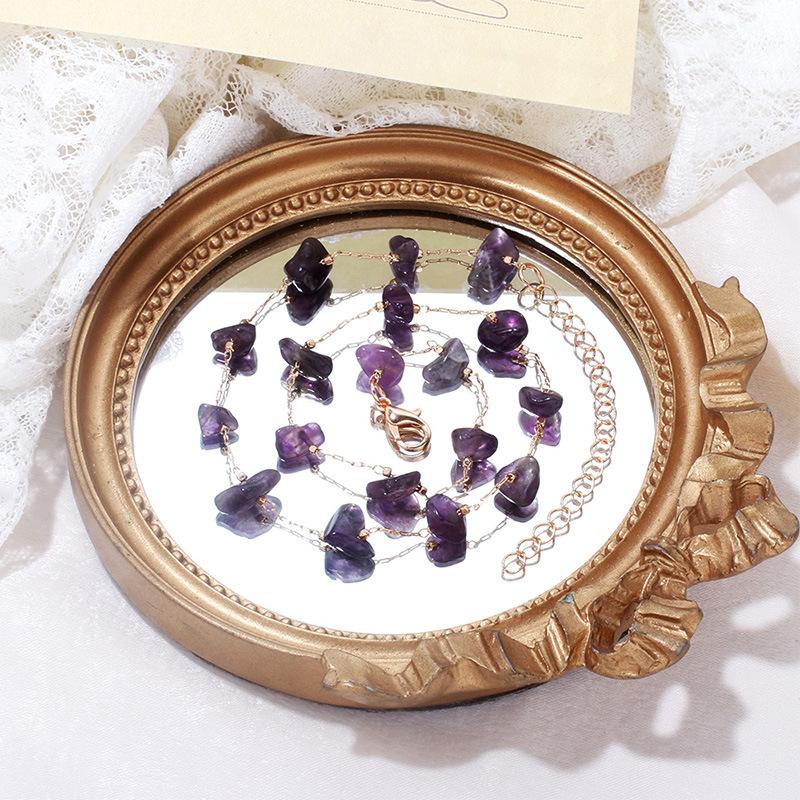European Cool Tone Amethyst Necklace, Creative Stackable Natural Stone Clavicle Chain