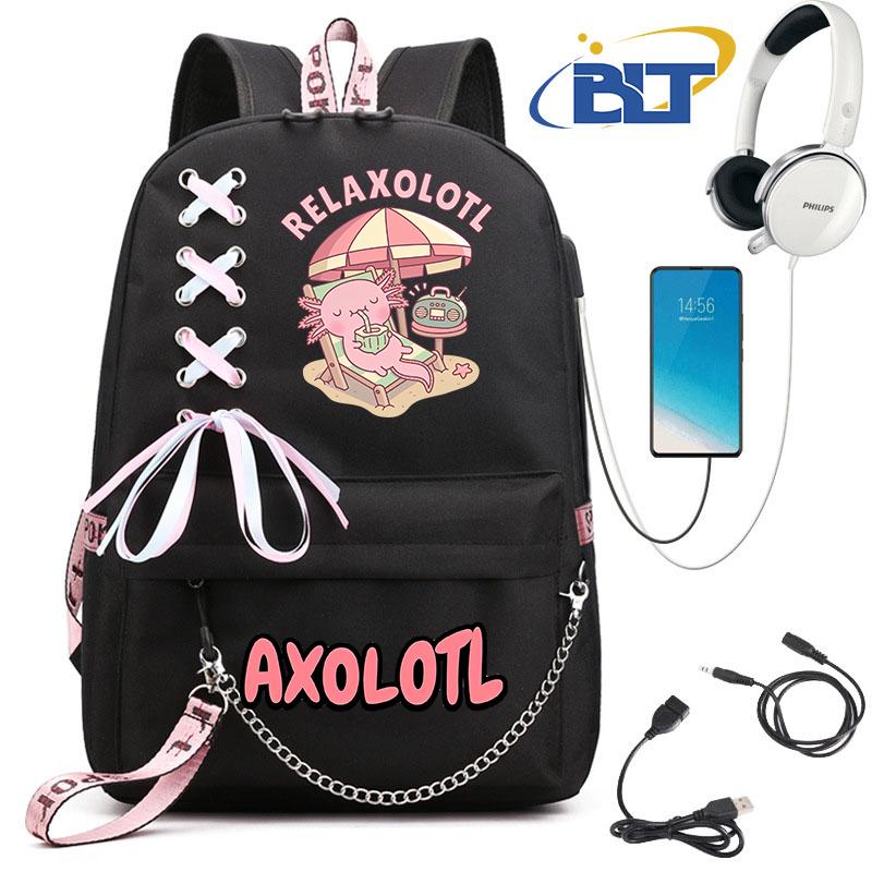 Cute Axolotl Printed Student Schoolbag for Girls Black Backpack Usb Kids Casual Bag Back To School Gift