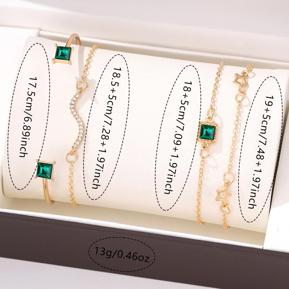 4 Piece Women Retro Geometric Love Star Set Green Diamond Square Bracelet And Bracelet Set Fashionable And Versatile Handpiece
