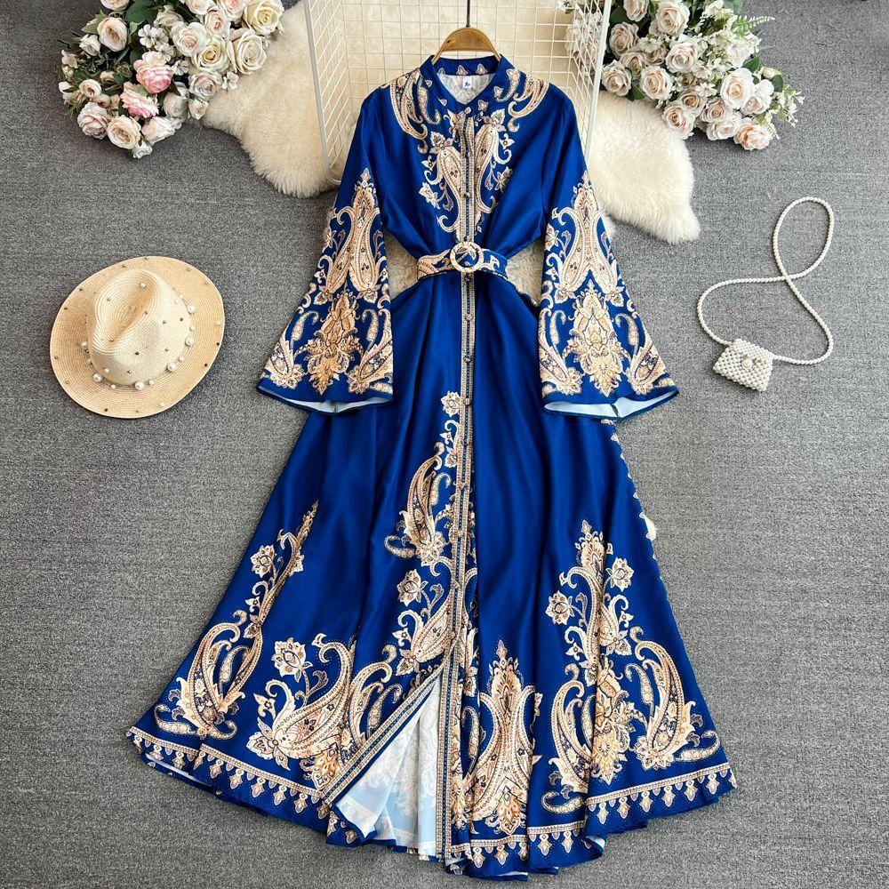 Abito lungo da donna con stampa vintage da palazzo, primavera e autunno, abiti larghi monopetto, lunghi abiti da sera