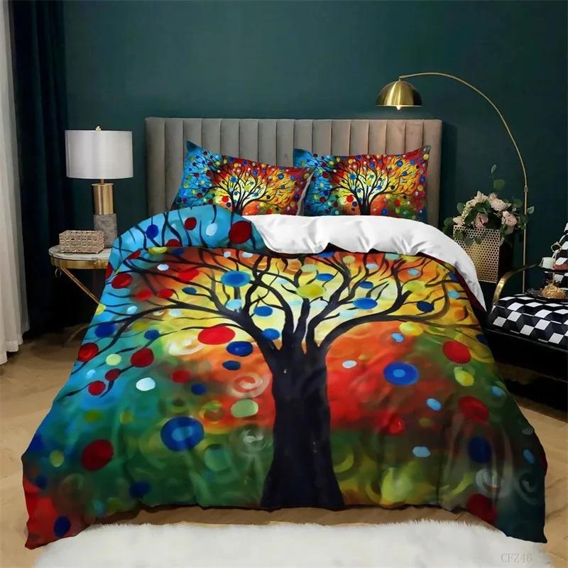 Tree of Life Duvet Cover King Botanical Branches Leaves Bedding Set Microfiber Psychedelic Mysterious Colorful Tree Quilt Cover