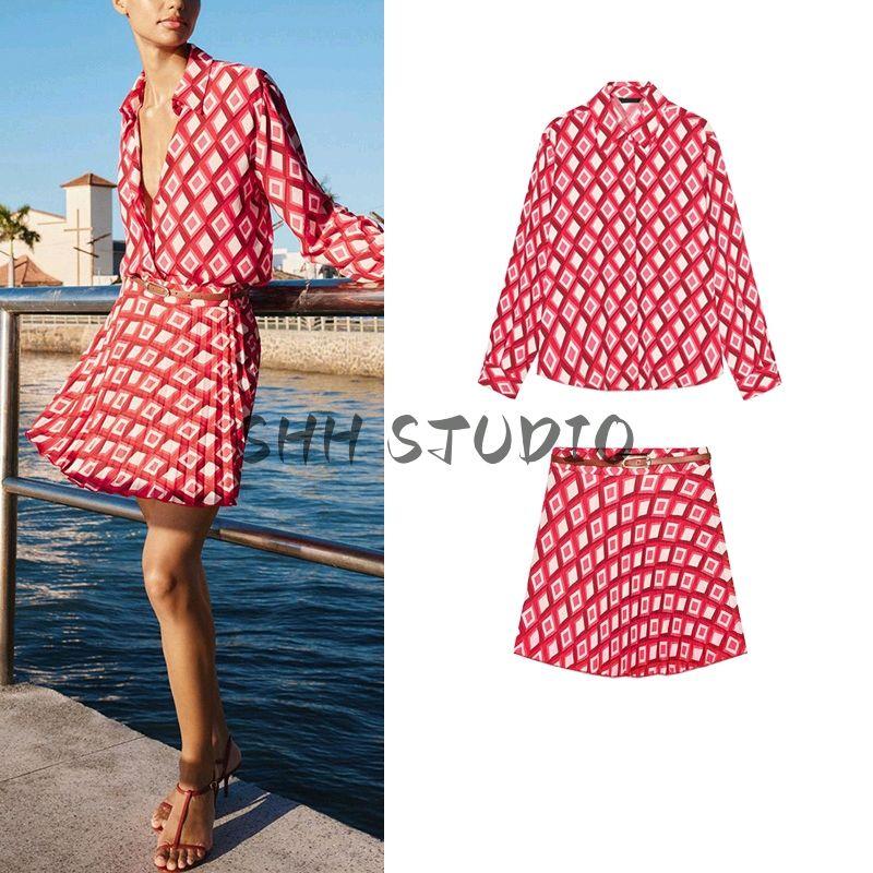 Geometric Pattern Print Long Sleeves Lapel Shirt 2298065 with Belt Print Mini Skirt 2298069