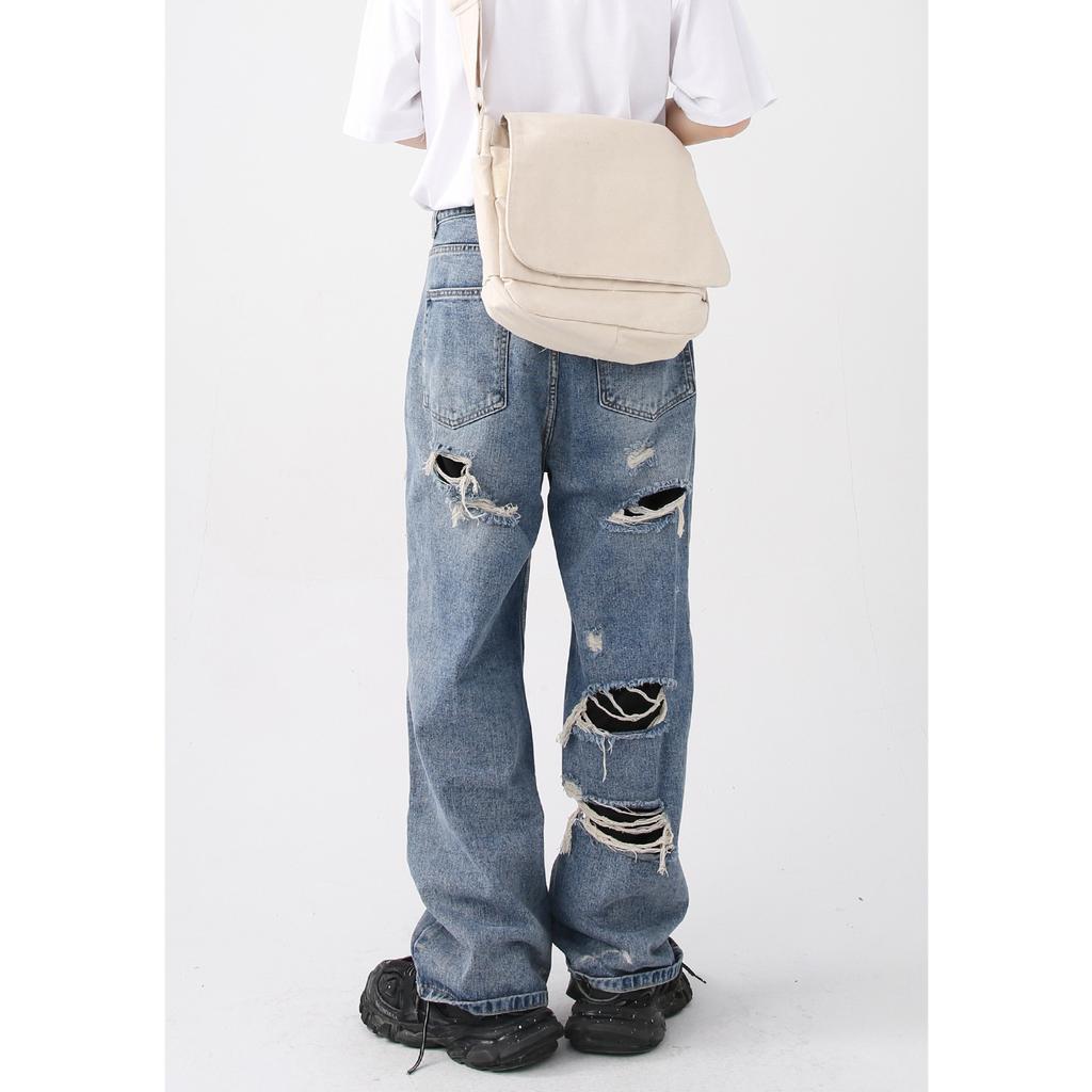 Men's Autumn New Product Retro Street Beggar Hole Patch Straight Leg Jeans for Men