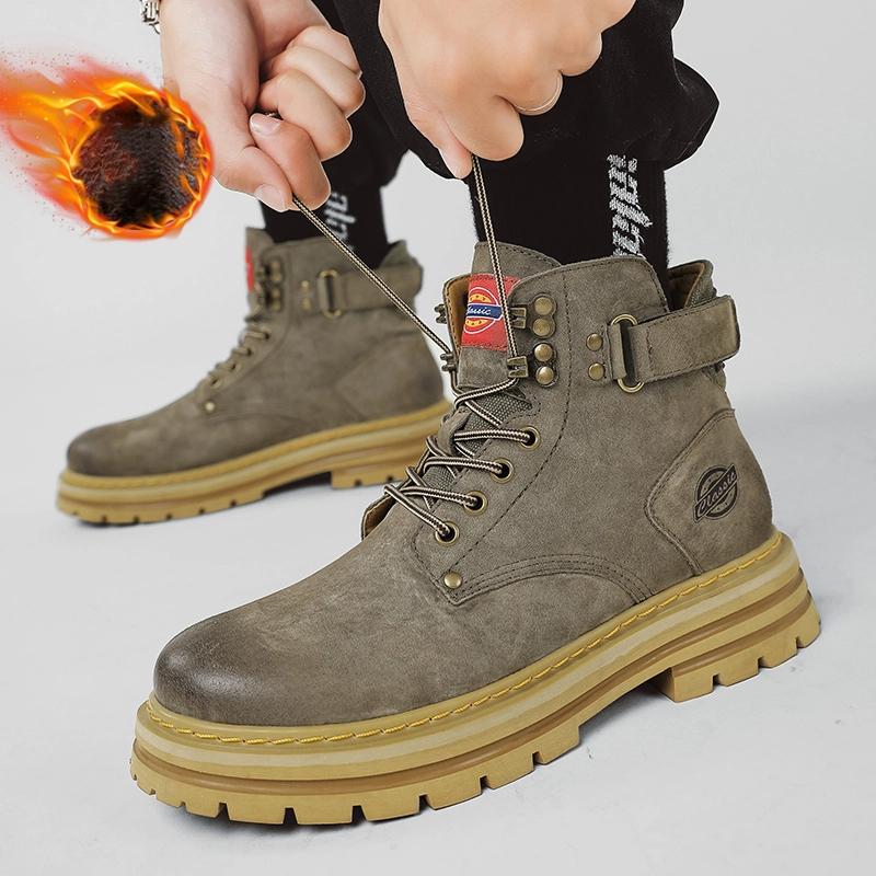 Autumn Winter Velvet Platform Boots for Men Designer Soft Soled Cow Work Shoes Man Non Slip Yellow Ankle Boot Male