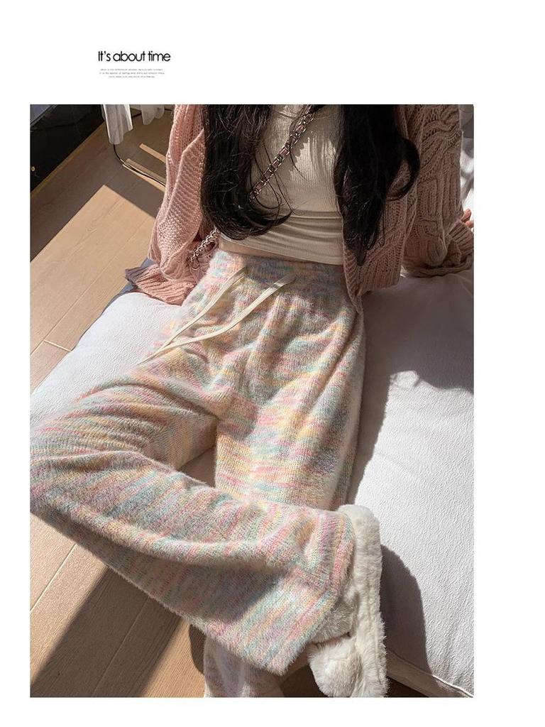 145cm Rainbow Knit Sticky Rice Wide-Leg Pants for Women, Petite, Autumn/Winter 2025, Floor-Length, Loose Fit.