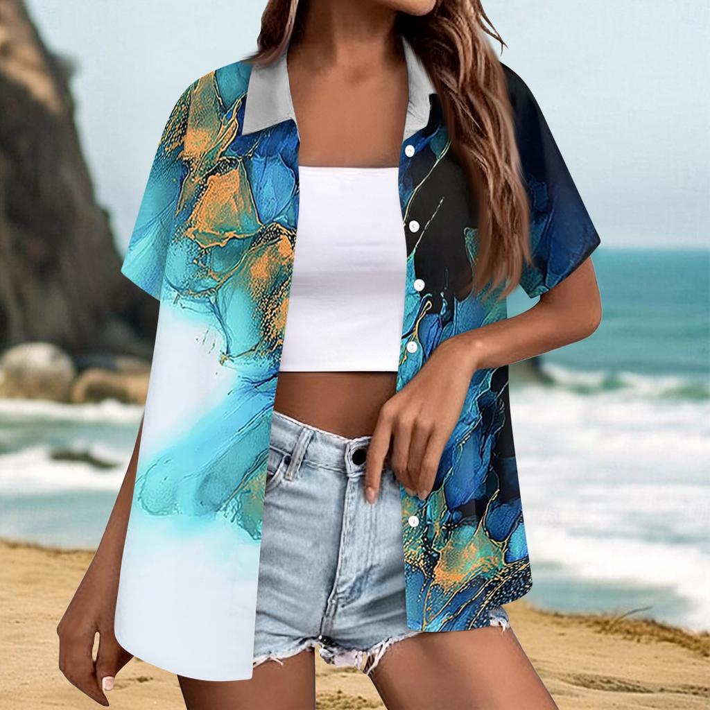 Women's Casual Summer Beach Shirt Short Sleeve Textured Print Button Down Shirt Lightweight Loose Fit Blouse for Outdoor Wear