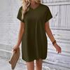 2024 Women's Solid Color Round Neck Loose Short Sleeve Pocket Dress - Spring/Summer Collection