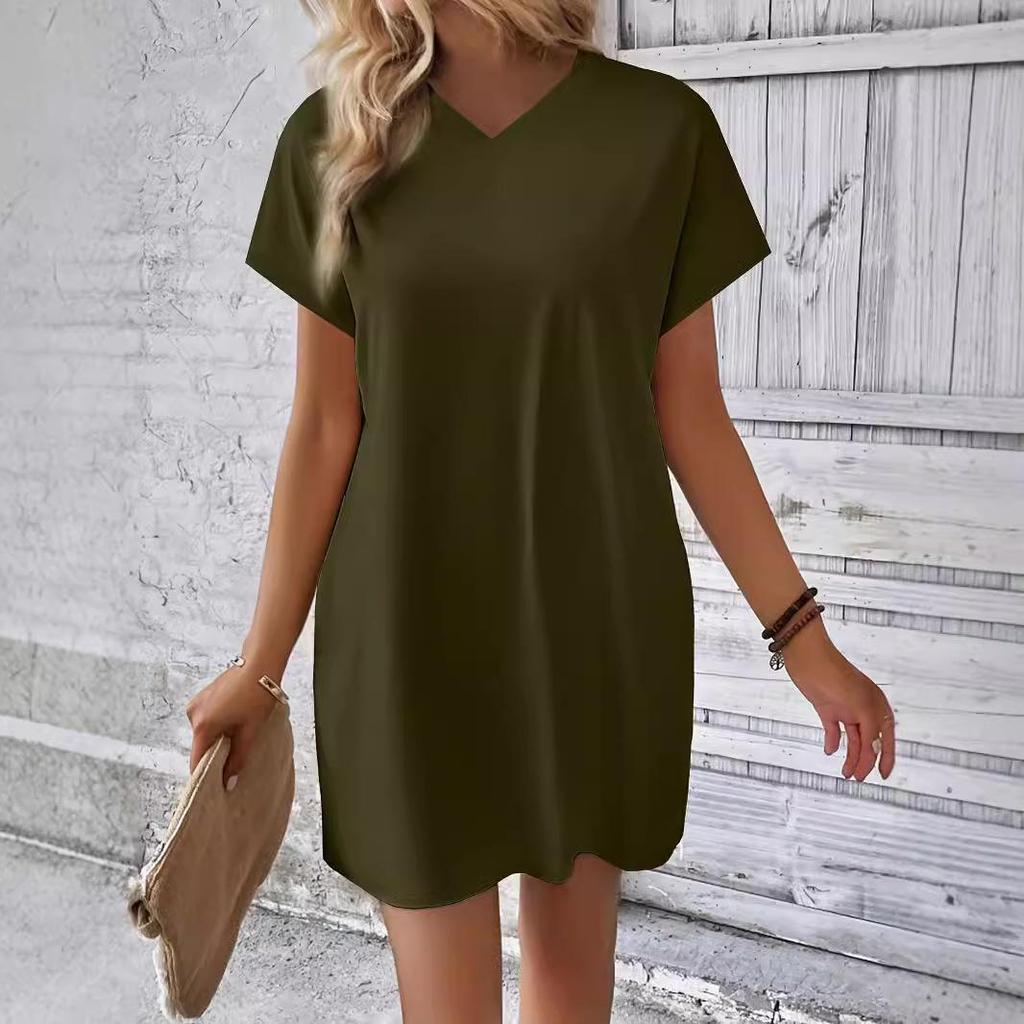 2024 Women's Solid Color Round Neck Loose Short Sleeve Pocket Dress - Spring/Summer Collection