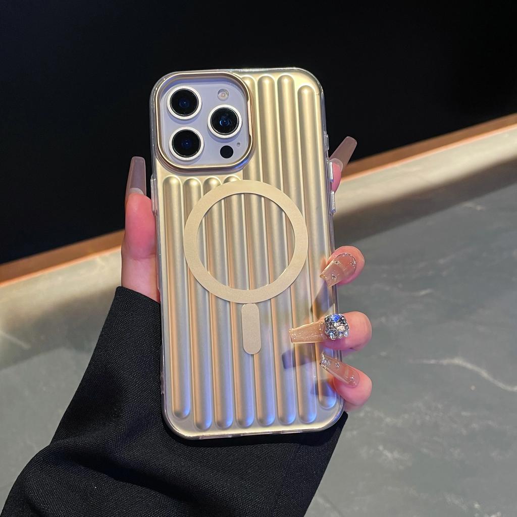 Frosted PC Stripe For Magsafe Magnetic Phone Case For iPhone 16 15 14 Pro Max 13 Wireless Charging Corrugated Shockproof Cover
