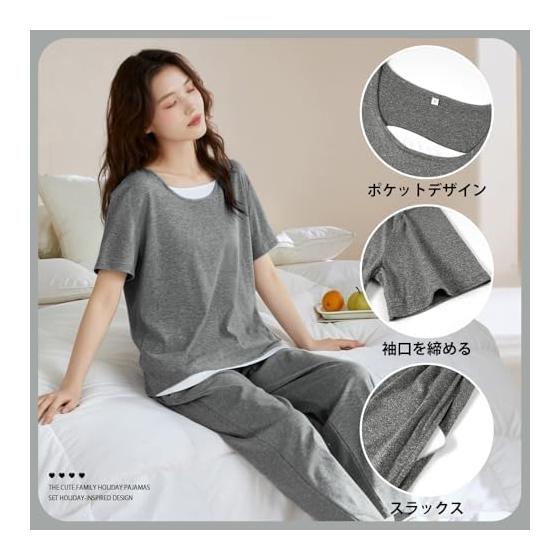 [PHOLEY] Women's Pajamas, Top and Bottom Set, Short Sleeves, Long Pants, Room Wear, Plain, Loungewear, Loose, Soft, Comfortable, Breathable