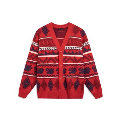 Li Ning V-Neck Embroidered Long Sleeve Knitted Sweater Men Tops Cinnabar-Red AMBU021-2