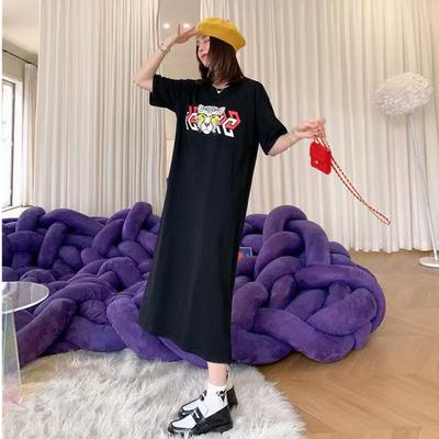 Loose and Casual Plus-size Mid-length Knee-length Long Dress, New Short-sleeved T-shirt Dress, Korean-style Printed Dress for Women