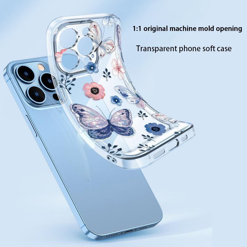 Japanese and Korean ins wind blue butterfly is suitable for Apple 16pm mobile phone case 17 anti-drop transparent iphone15pro girls